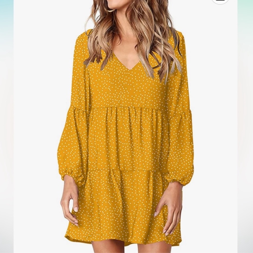 Tunic V Neck Casual Loose Dress Mustard Yellow Polka Dot Size‎ M (D62)